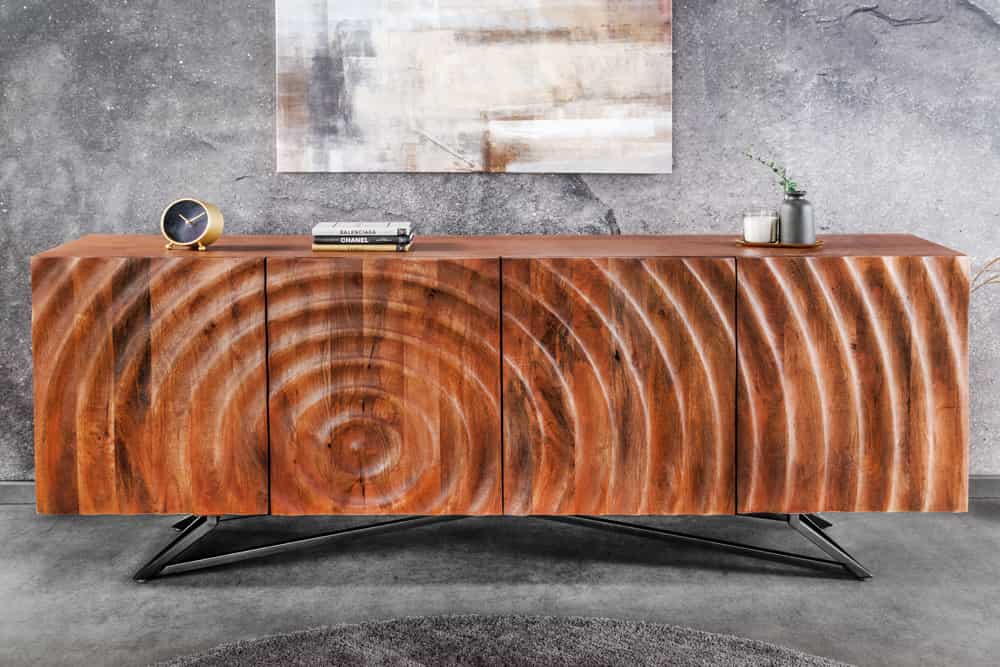 Design Sideboard ZEN 180cm braun Mangoholz mit 3D Schnitzereien Metallgestell schwarz handmade