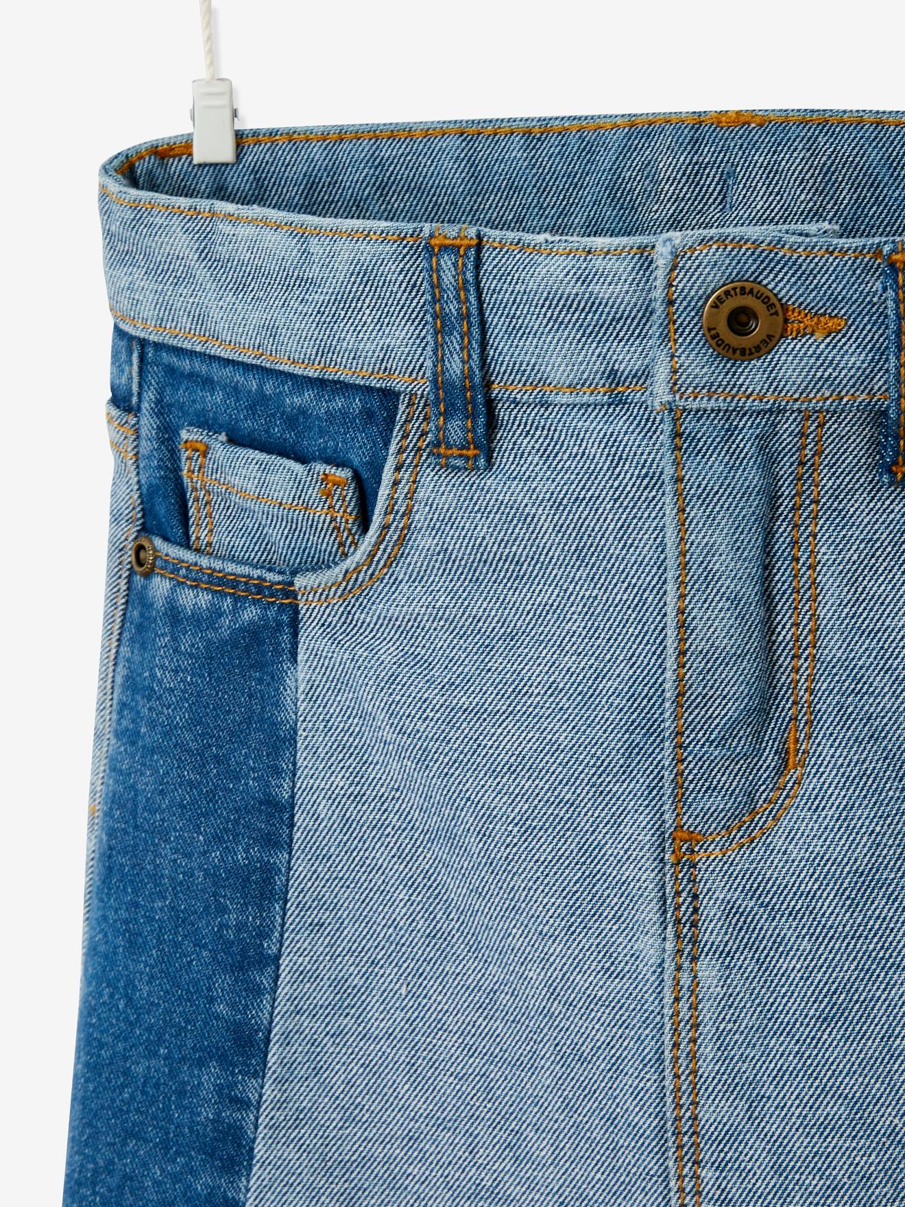 Saia jeans com efeito patchwork, para meninas, lavagem azul escura
