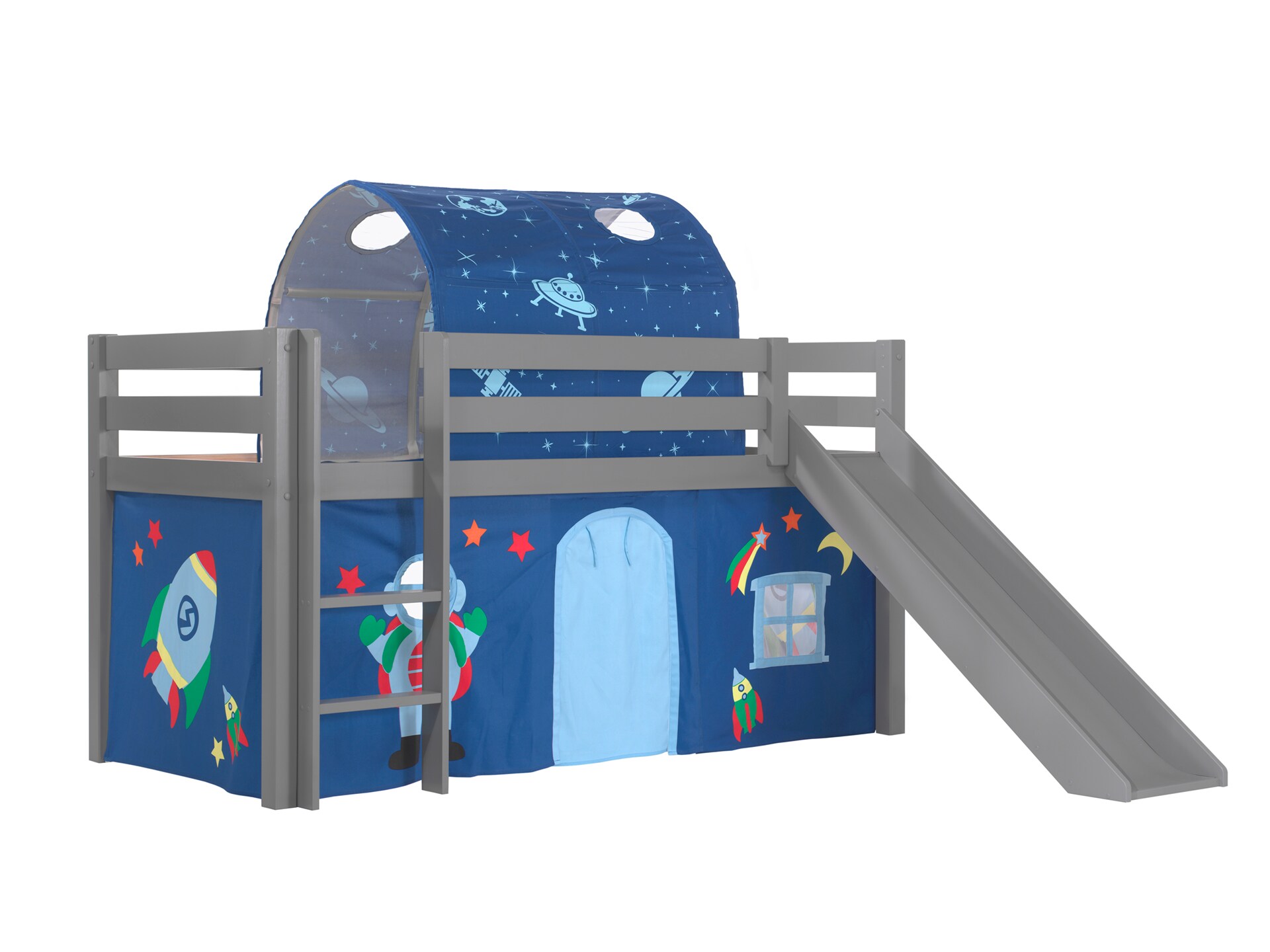 Spielbett Pino inkl. Rutsche mit Textilset Vorhang und Tunnel versch. Designs
