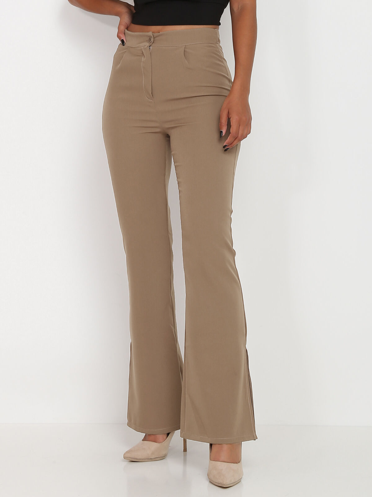 Pantalon flare à fentes- Taupe