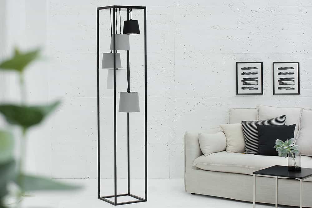 Design Stehlampe LEVELS 180cm schwarz grau 5 Leinenschirme
