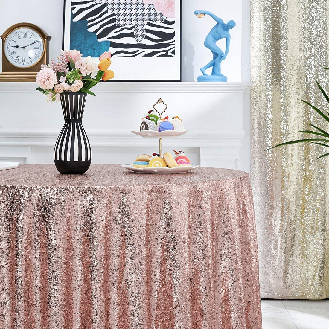(Ø80cm) Glitzer Tischdecke Party Dekoration Pailletten Tisch Tuch - Roségold