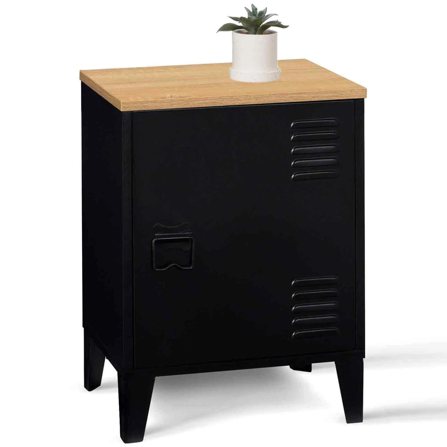 Table de chevet ESTER 1 porte métal noir plateau façon hêtre design industriel
