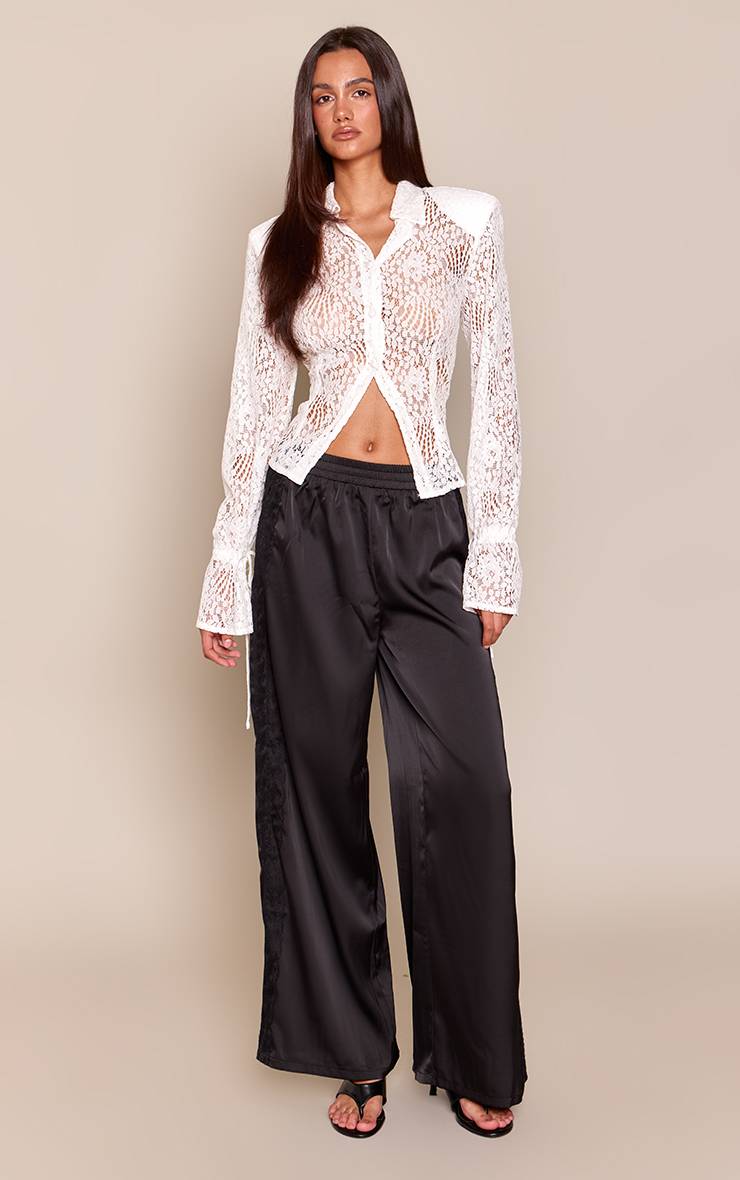 Noir Pantalon En Satin À Empiècements De Dentelle
