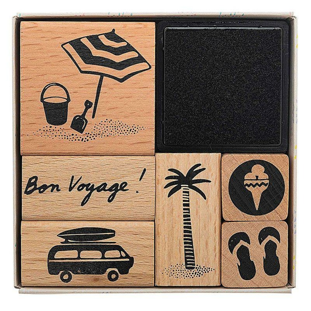 6 tampons bois avec encreur - voyage de vacances