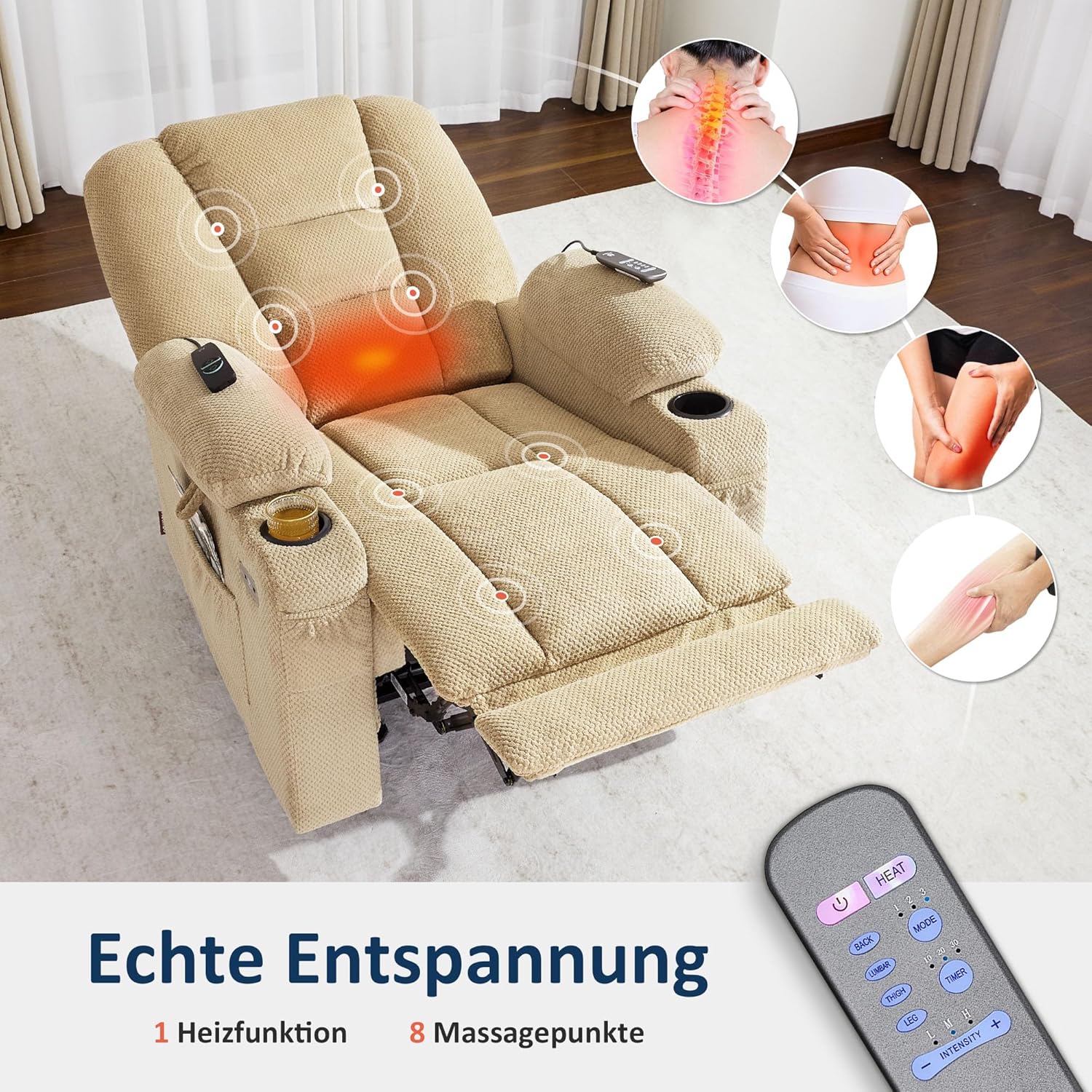 M MCombo Fernsehsessel elektrisch verstellbar, Relaxsessel mit Liegefunktion, TV Sessel mit Massage & Wärmefunktion, USB & Getränkehalter, 35D Vollschaum-Sitzkissen 7008 (Stoff, Beige)