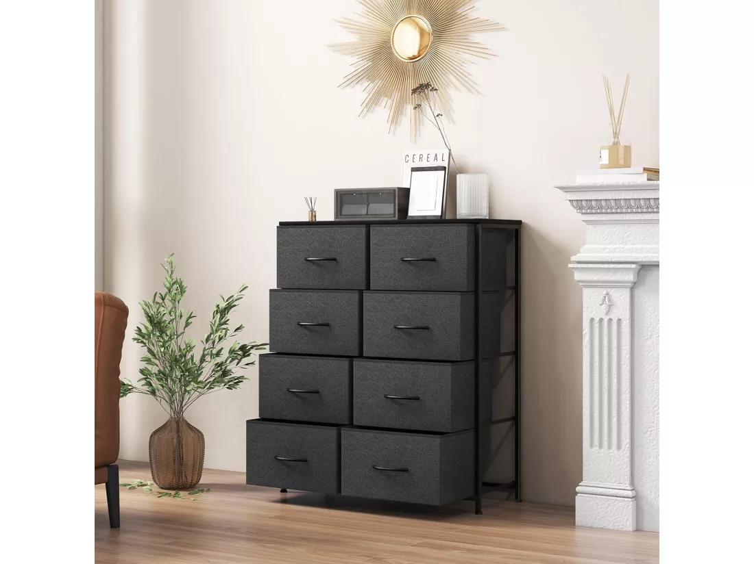 Commode Chambre 8 Tiroirs, Commode Chambre Adulte en Tissu Pliable, Chiffonnier Moderne avec Poignée, Commode Rangement avec Kits Anti-basculement pour Salon, Entrée, Noir
