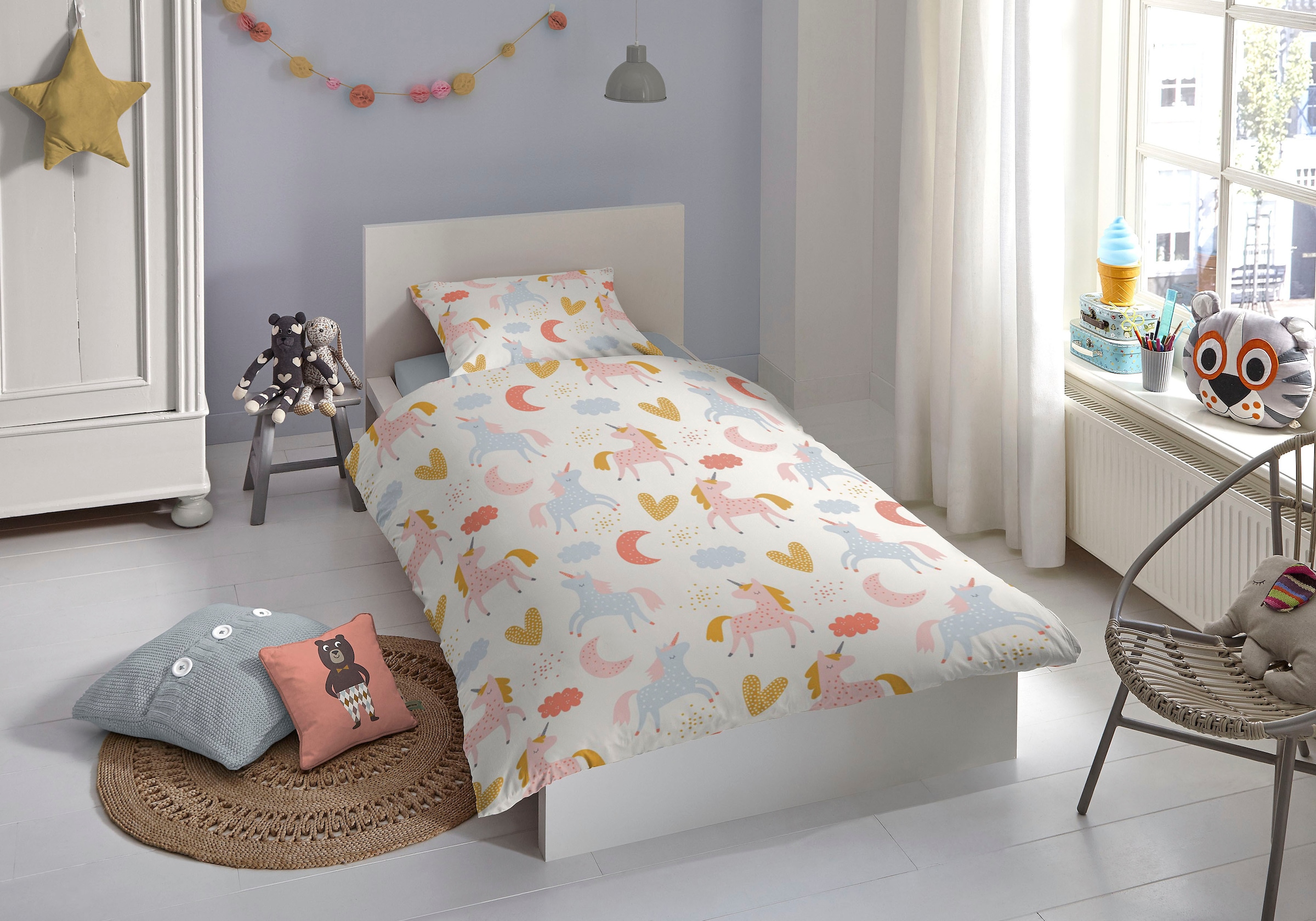 good morning Babybettwäsche »Unilove« 2 Stk. tlg. Baumwolle, 100x135, Reissverschluss, Baby, Mädchen, Einhorn, Herze