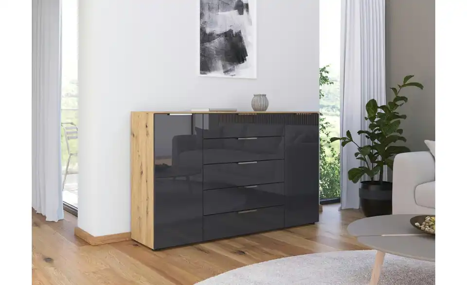 Sideboard Basaltgrau, Eiche Artisan (Nachbildung) Front: Glas, Oberboden: Dekor 160 cm verchromt