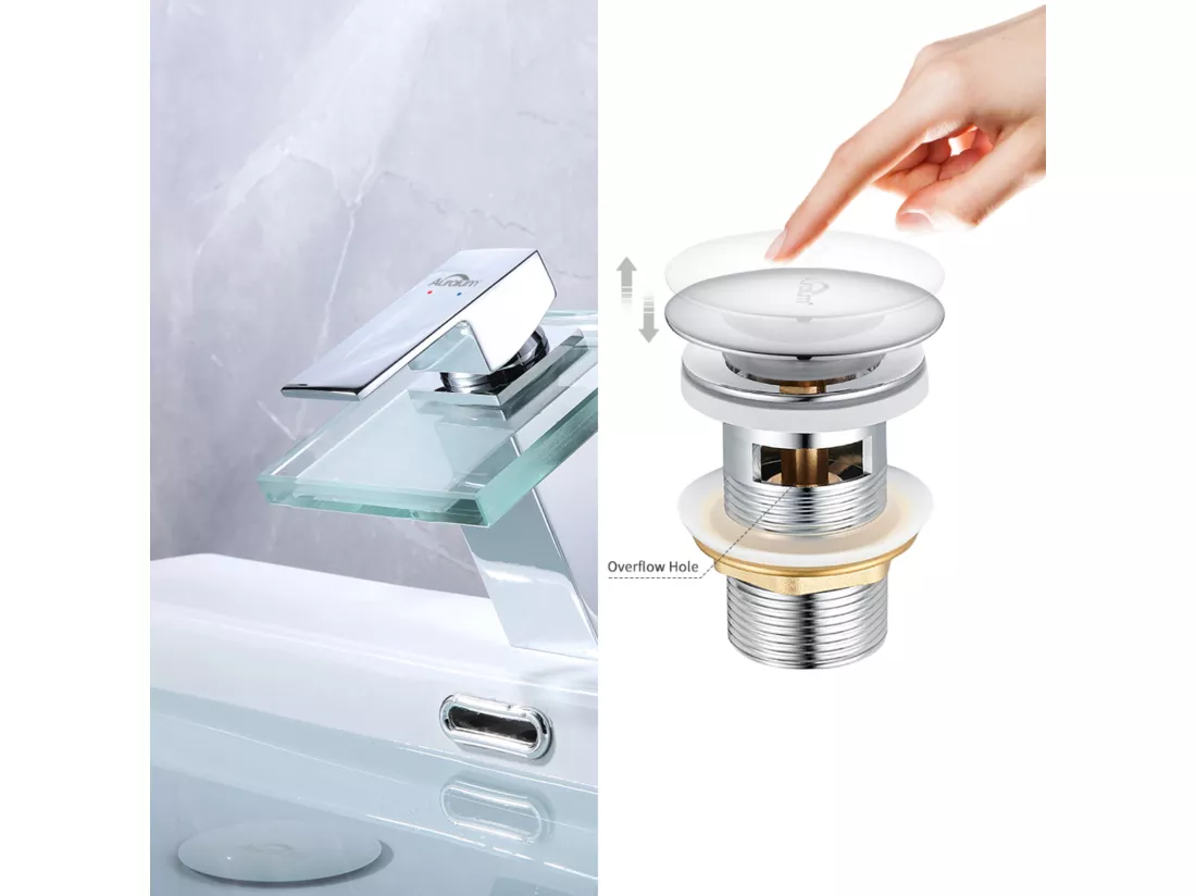 AuraLum Max Bonde de Lavabo avec Trop Plein, Bonde de Vidange Lavabo, Bonde de Lavabo Pop Up, Bonde de Lavabo Universelle, Chromé,EU Modèle