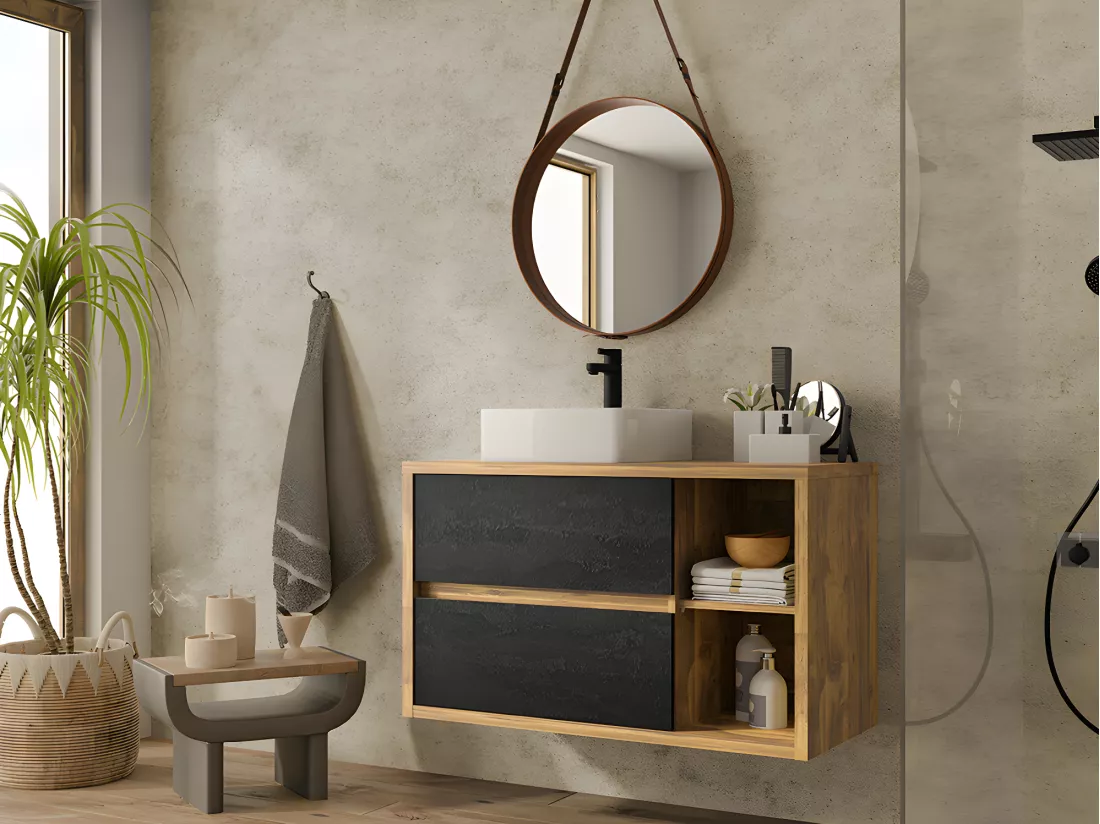 Meuble sous vasque suspendu coloris naturel et anthracite - 100 cm - TIKITIKI