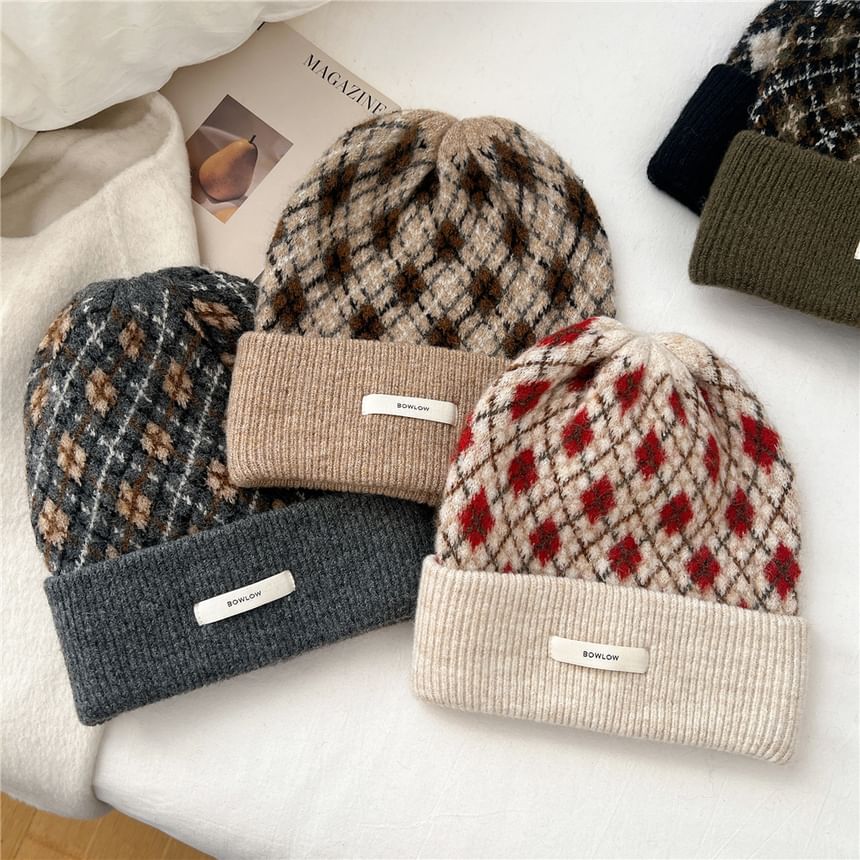 LANWO - Argyle appliqué gebreide muts