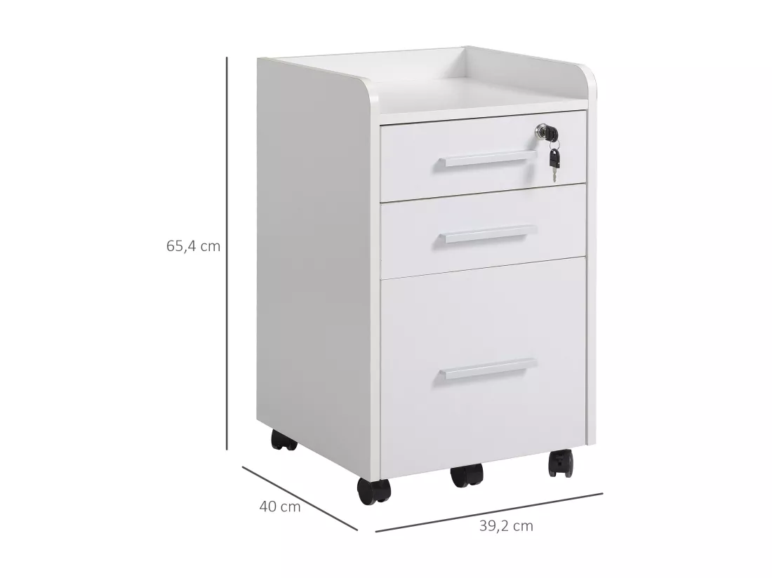 Caisson de bureau rangement bureau sur roulettes 3 tiroirs 1 verrouillable 1 trieur dossiers MDF panneaux blanc