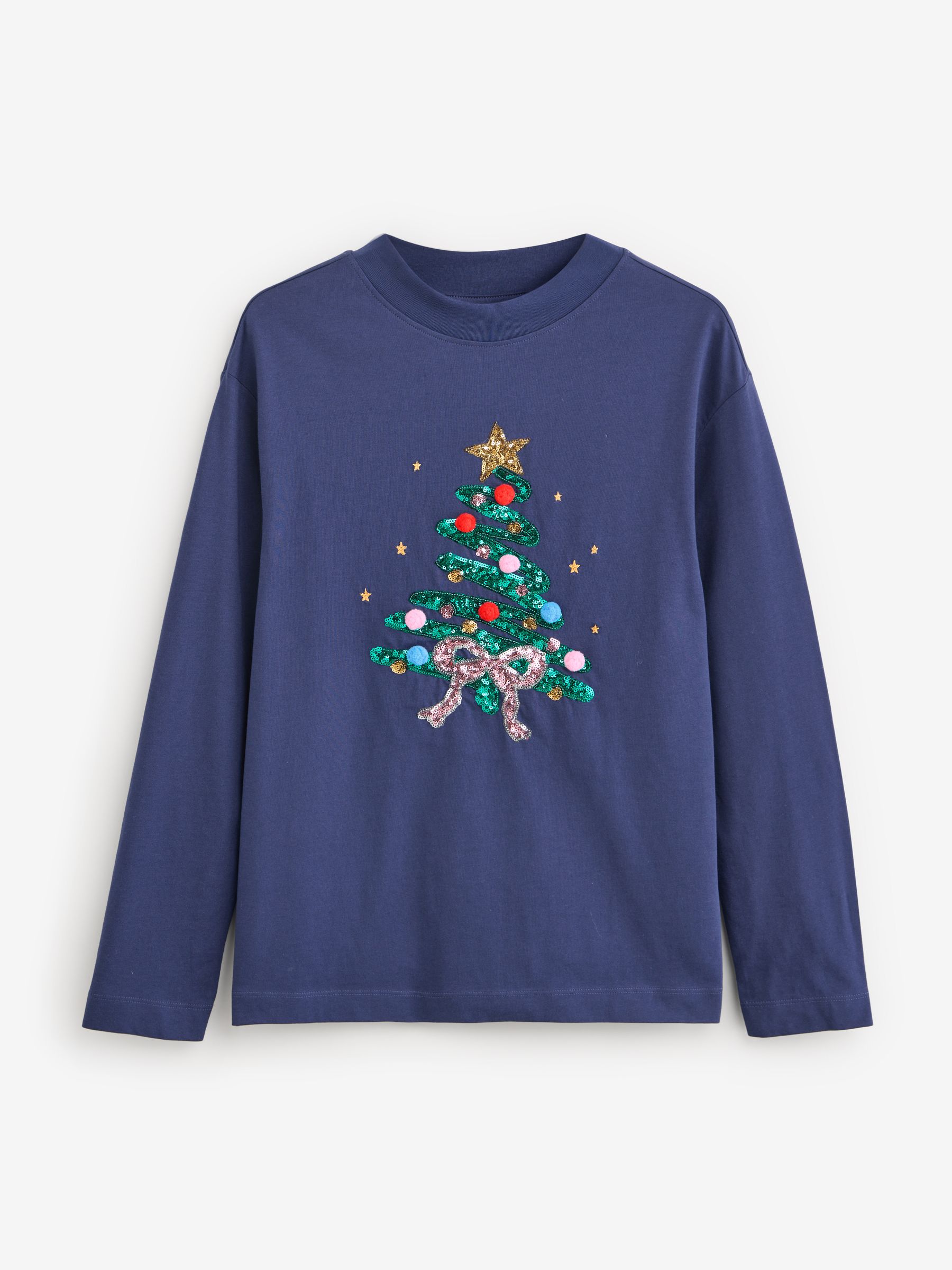 Marineblauw - Fonkelende boom en strik Kerstmis 100% katoenen T-shirt met lange mouwen