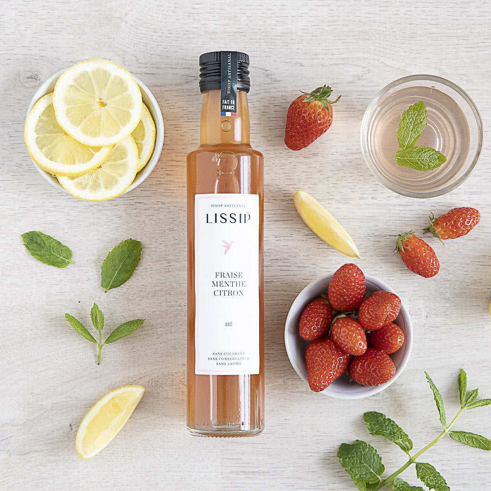 Sirop artisanal de fraise, menthe et citron