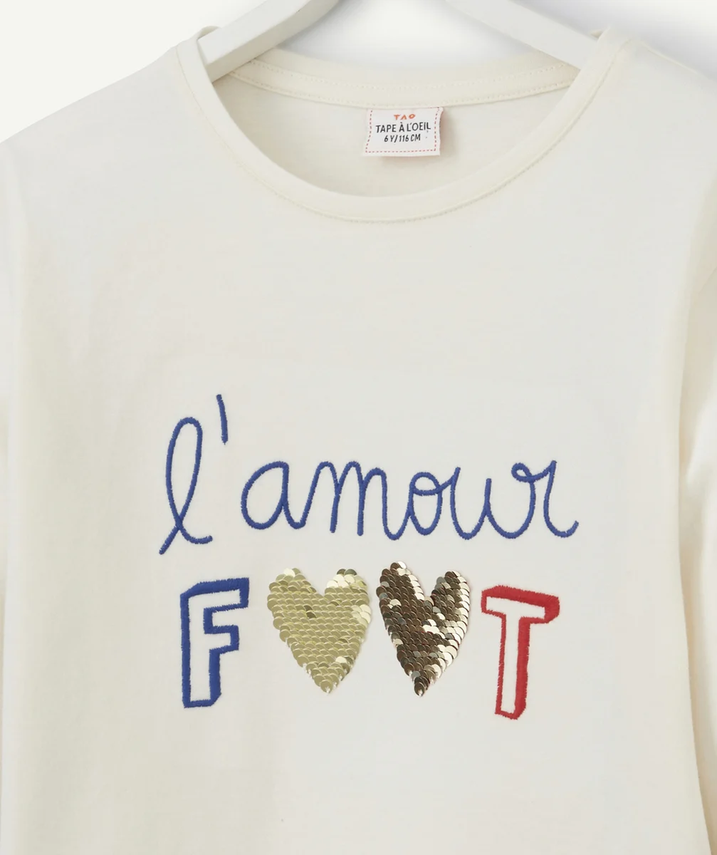 T-SHIRT FILLE EN COTON BIO ÉCRU THÈME FOOTBALL