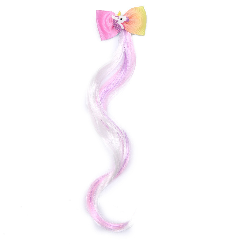 (3er Set) Kunsthaar Kinder Clip Extensions Haar Schmuck Bunte Strähnen Haarspangen - Einhorn / Schleife