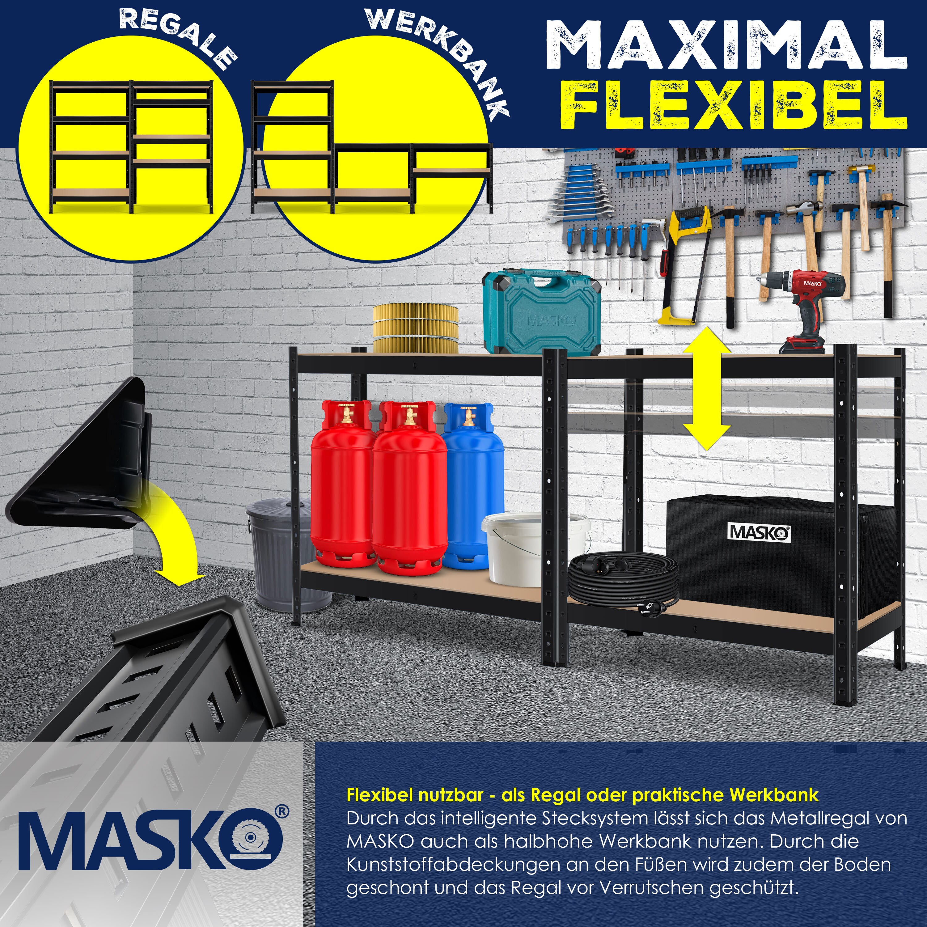 MASKO® Schwerlastregal Lagerregal Kellerregal 180x90x40cm, verstellbare Ablagen, MDF-Platten Regal aus Metall, Steckregal, Werkstattregal Stahlgestell Garage Werkbank