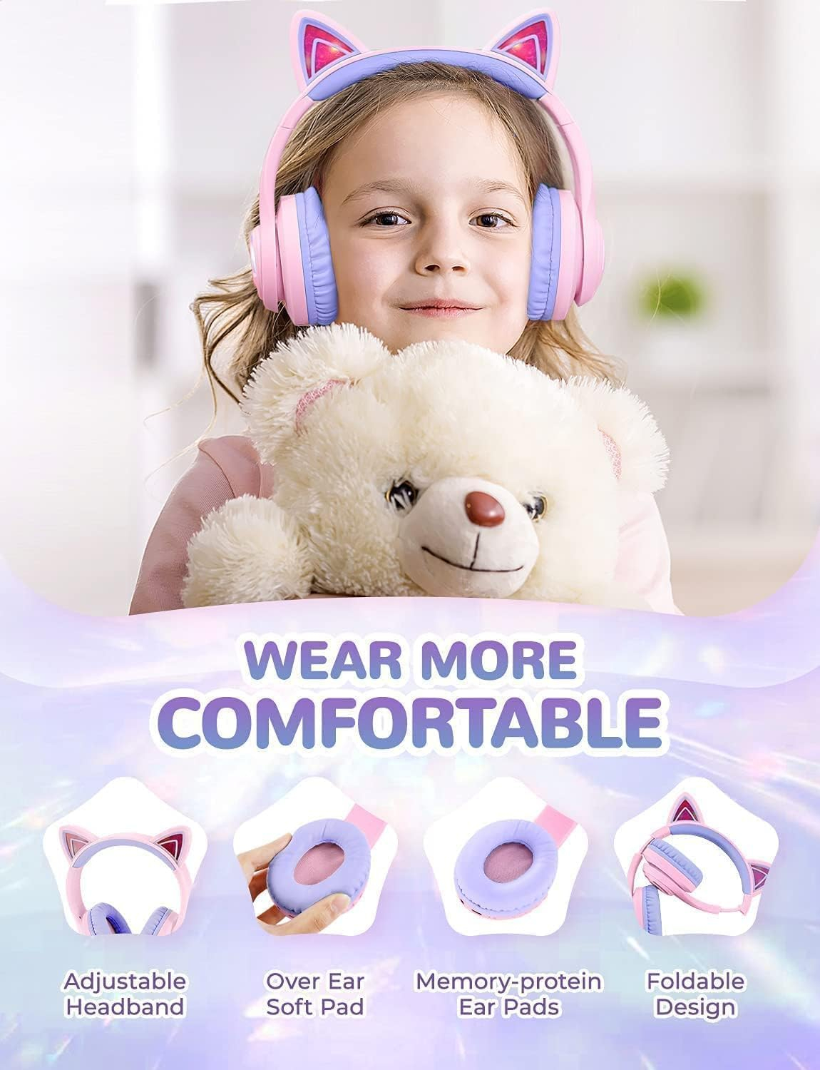 BTH13 Headphone Kids BT LED Bluetooth Kopfhörer Over-Ear 74/85dB Lautstärkeeinstellungen mit Katzenohren (C04-2083N-15) - Rosa / Violett