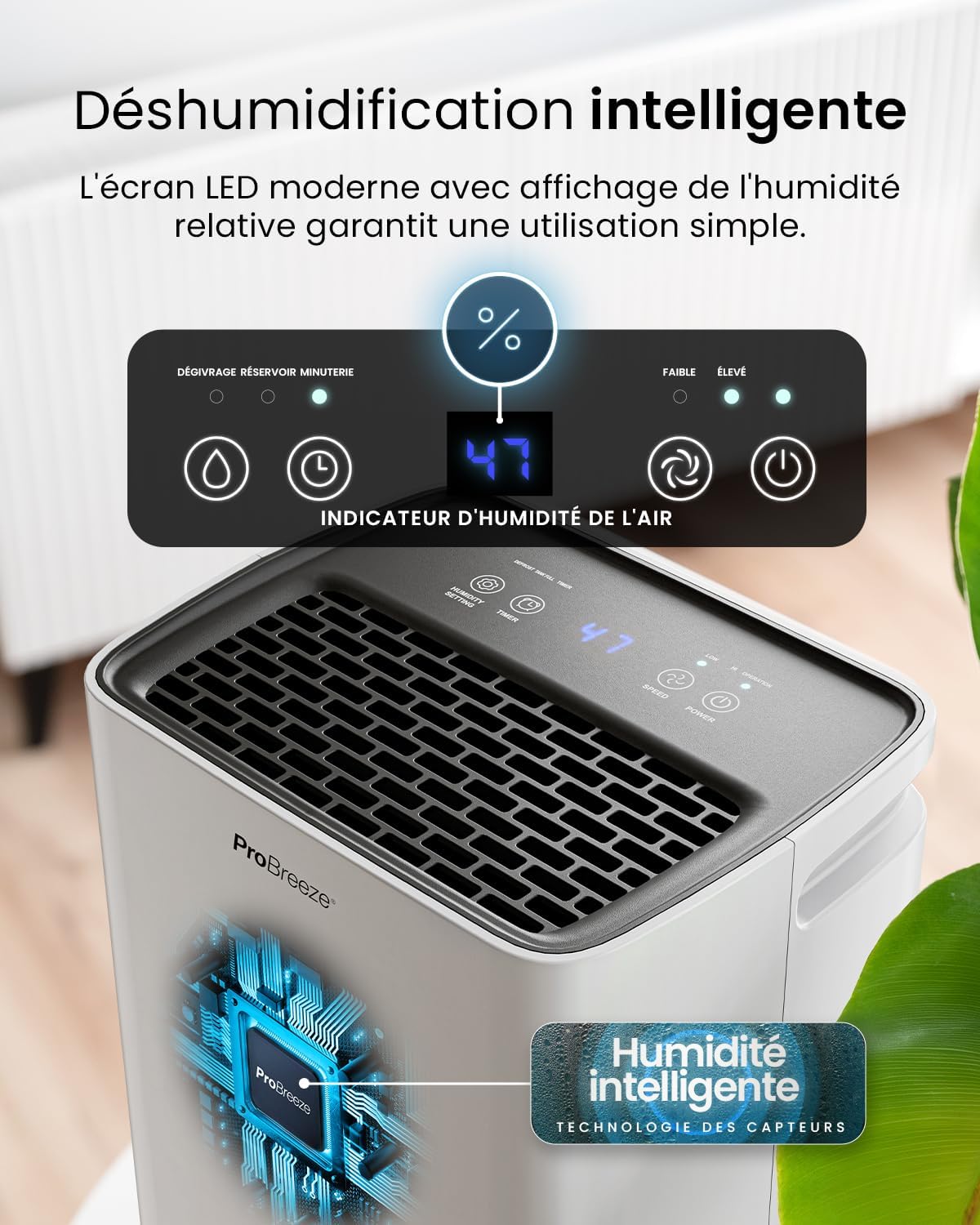 Pro Breeze Déshumidificateur d Air 6L/jour, Éliminateur de Moisissure Noire, Absorbeur d'Humidité Automatique, Sèche-linge, Déshumidificateur Compresseur Portable Silencieux, Minuterie 24h