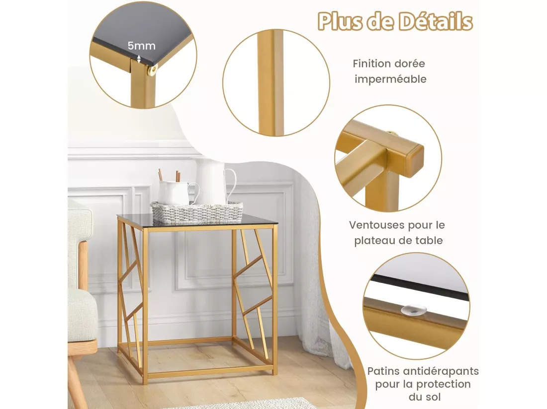 Table d'appoint carrée, plateau en verre trempé, cadre géométrique doré, 50 x 50 x 55 cm