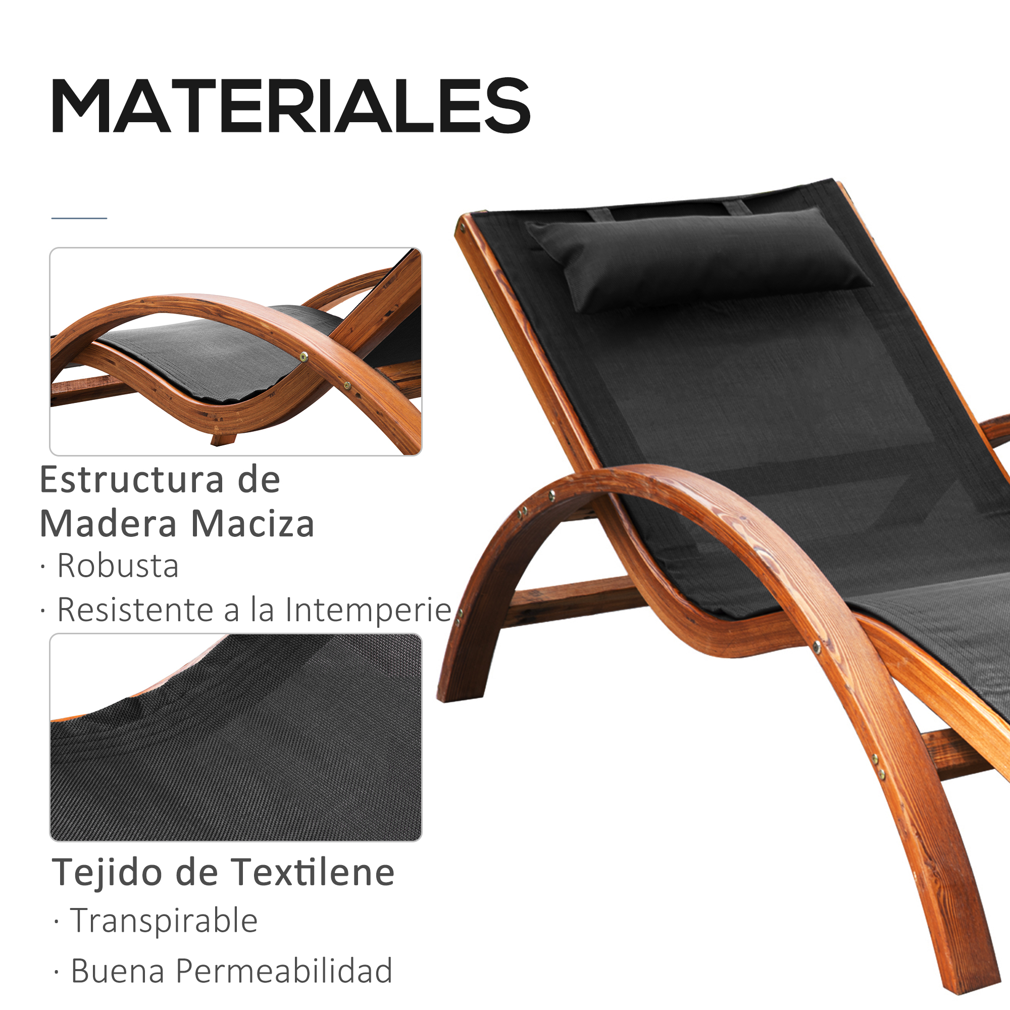 Espreguiçadeira de jardim Outsunny, modelo rede, 161x72x68cm, ideal para jardim, terraço, praia, piscina, pátio ou hotel, em madeira preta.
