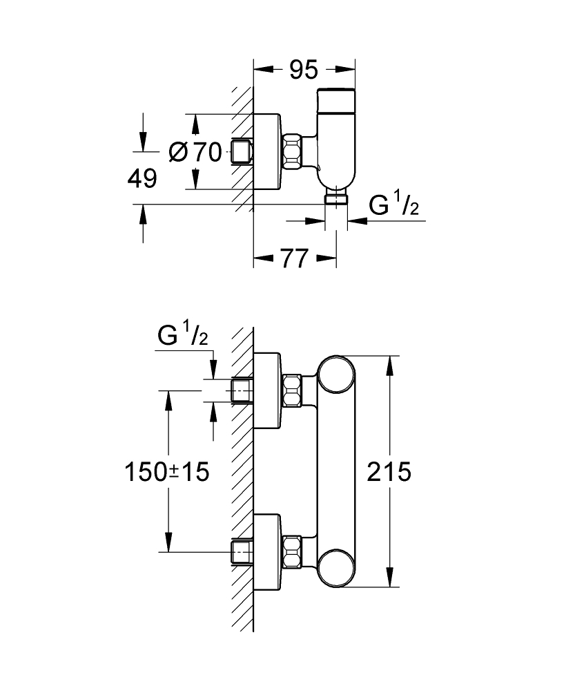 Grohe Eurosmart Cosmopolitan T douchekraan zelfsluitend m. koppelingen HOH=15cm m. menging looptijd 15 sec. chroom
