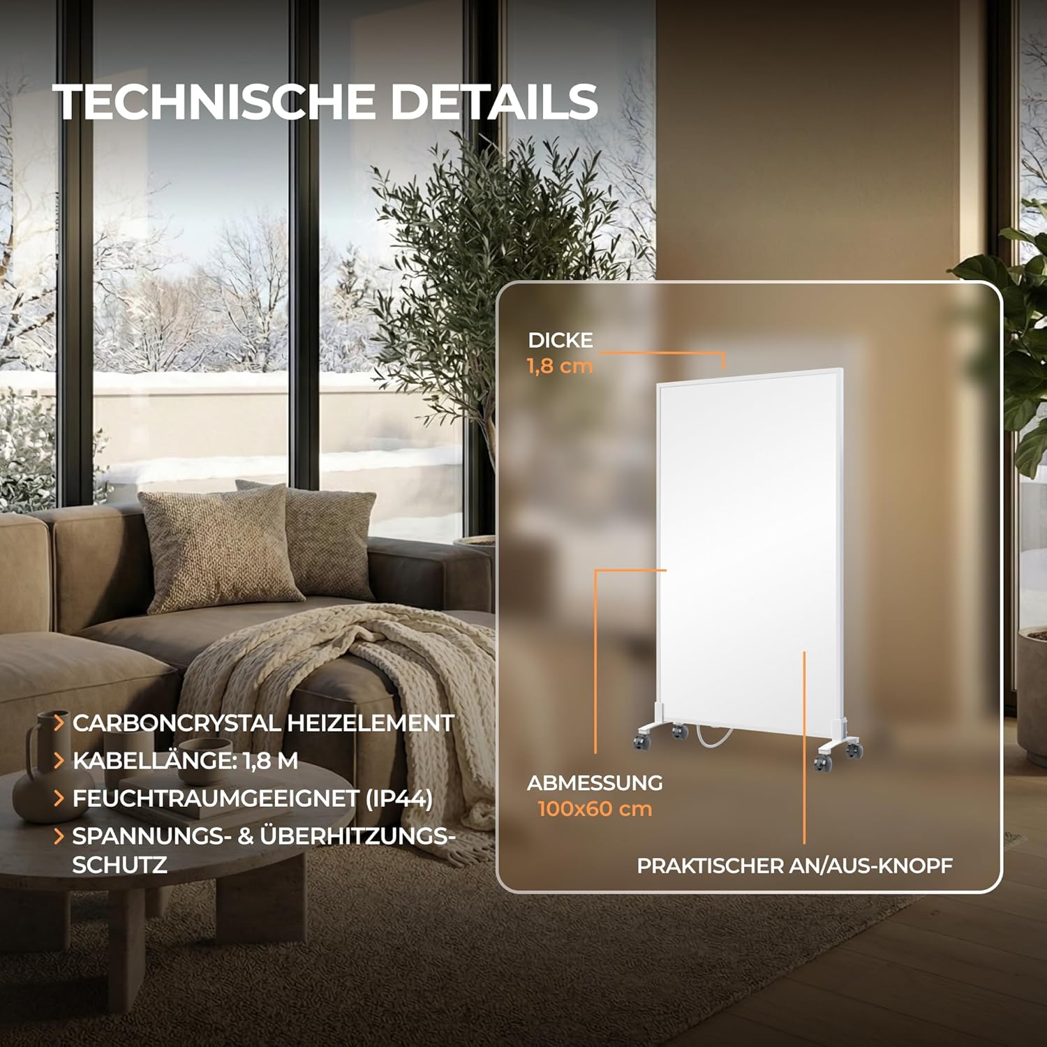 BR Bringer Infrarotheizung Standgerät - 800 Watt - Energiesparend - Mobile Elektroheizung mit Standfüßen auf Rollen, Smart Thermostat und Fernbedienung - TÜV & GS (weiß)