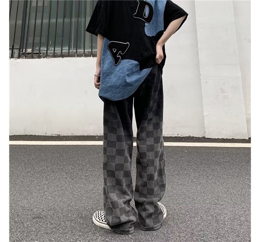 Urtishia - High-waist Gradient Plaid Wide-Leg Jeans