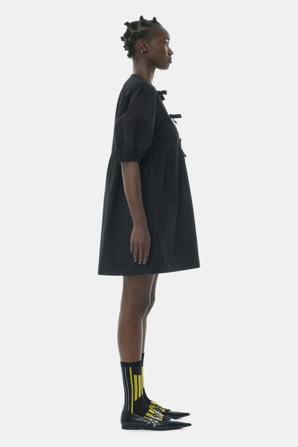 Ganni Cotton Poplin Tie String Mini Dress Black