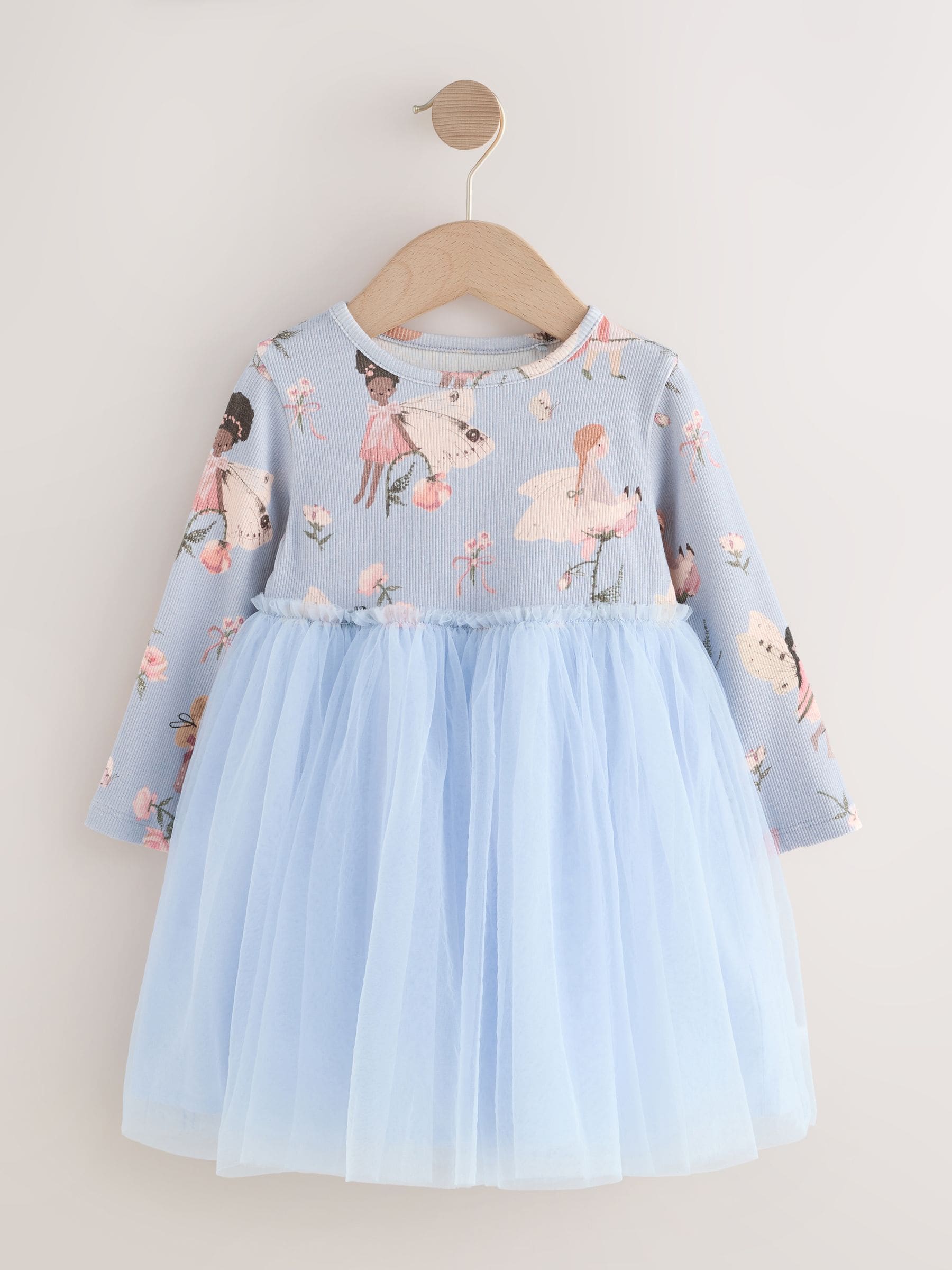 Blauw elfje - Feestjurk van mesh met lange mouwen (3mnd-7jr)