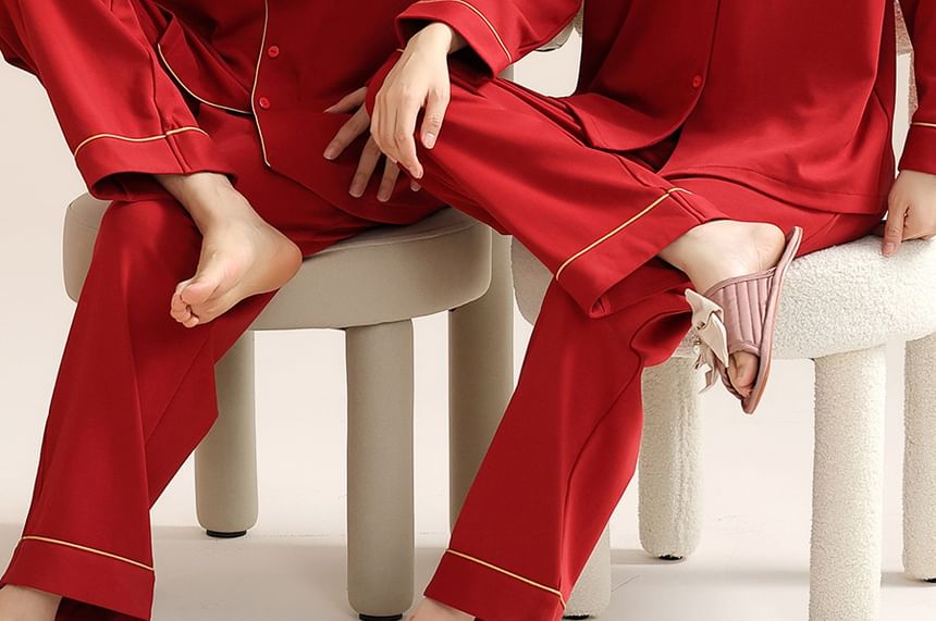 Jeony - Bijpassende pyjamaset voor koppels: shirt met lange mouwen en kraag + rechte broek met elastische taille (verschillende ontwerpen)