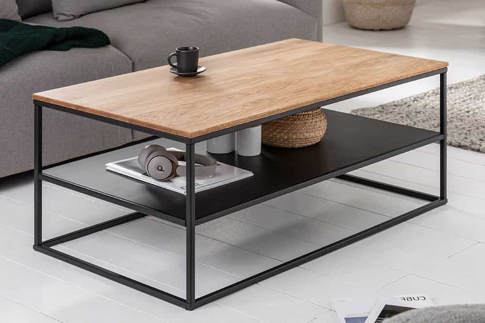 Industrial Couchtisch APARTMENT 95cm Massivholz Eiche geölt mit Ablage Metallgestell schwarz