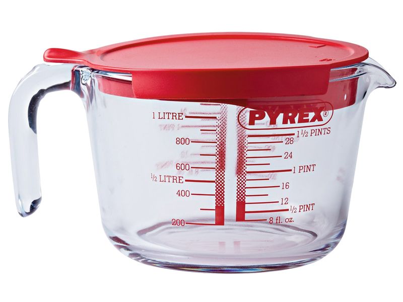 Pyrex Messbecher 1 L, 21 x 16 x 11 cm Messkrug mit rotem Deckel