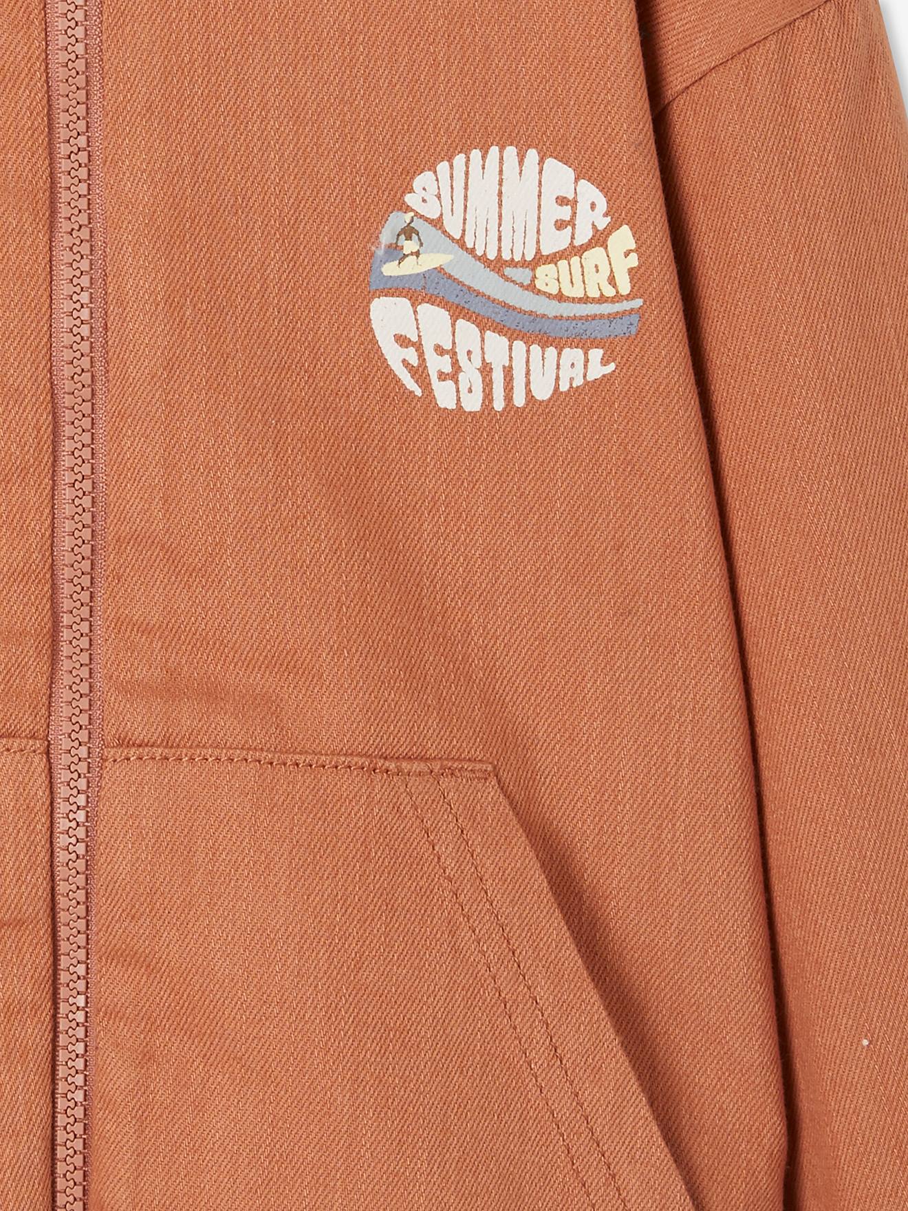 Moletom com zíper e estampa de surf, laranja médio liso com detalhes.