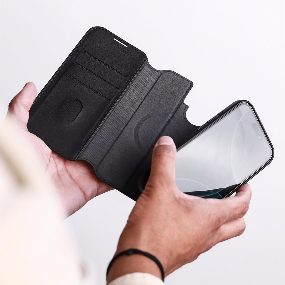 2in1 iPhone 17 Pro MagSafe Vegan Folio Leder Tasche Flip Cover (LLF00003) - Schwarz