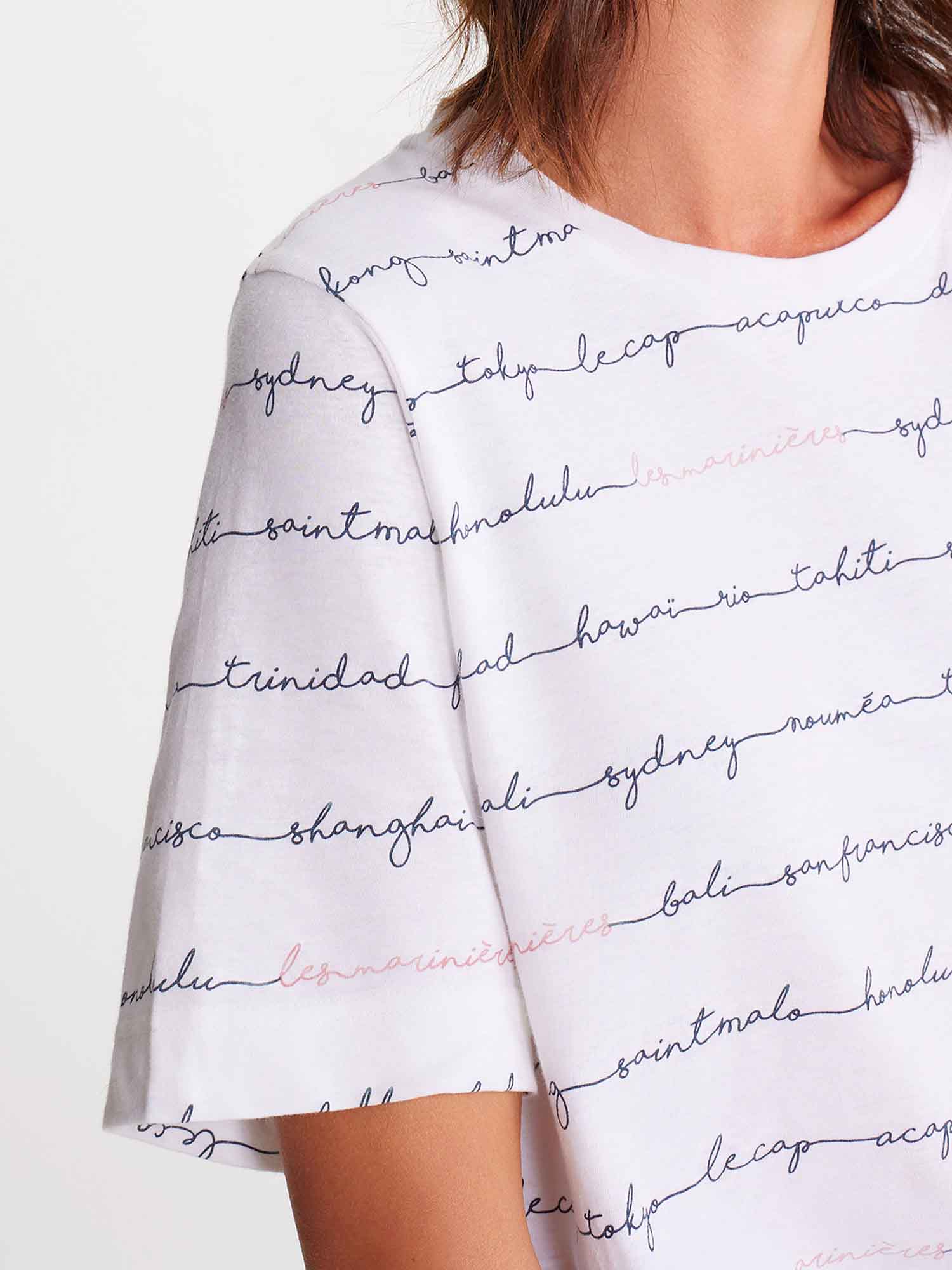 Tee-Shirt Femme en Lin Blanc et Bleu