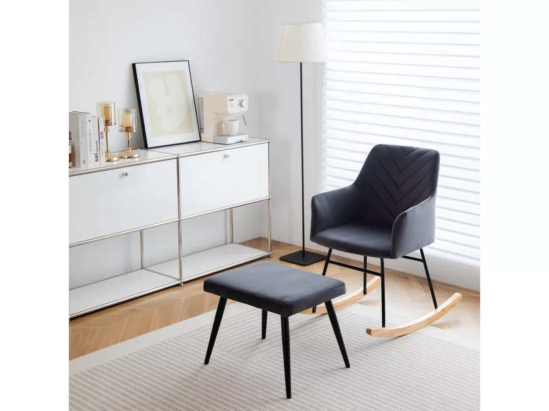 Chaise à bascule avec repose-pieds - 56.5 x 44 x 84 cm - Velours, boid d'évéa et métal - Gris