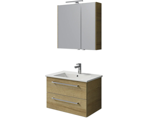 Badkamermeubelset Pelipal Cavallino (B x H x D 75 x 200 x 45 cm), frontkleur: Riviera eiken, met witte keramische wastafel, badmeubel met greep en spiegelkast met LED-verlichting