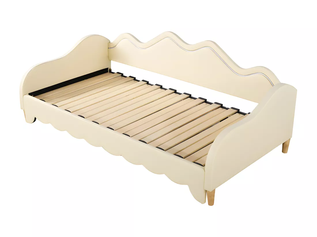 Lit gigogne tirable 90(180)x190 cm - en similicuir - avec éclairage LED et sommier à lattes - Beige