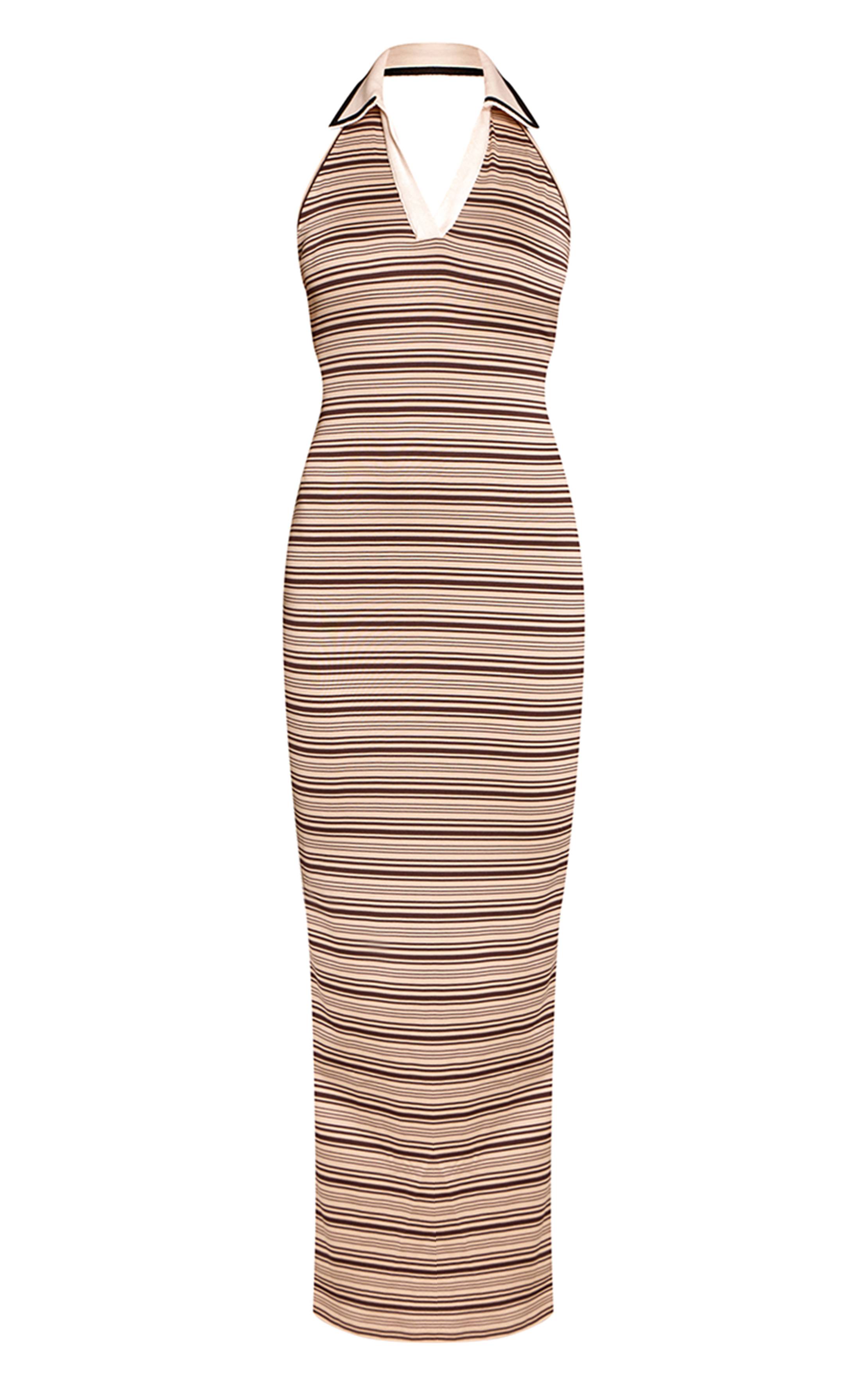 Naturel Robe Longue Sans Manches À Détail Col Rayé