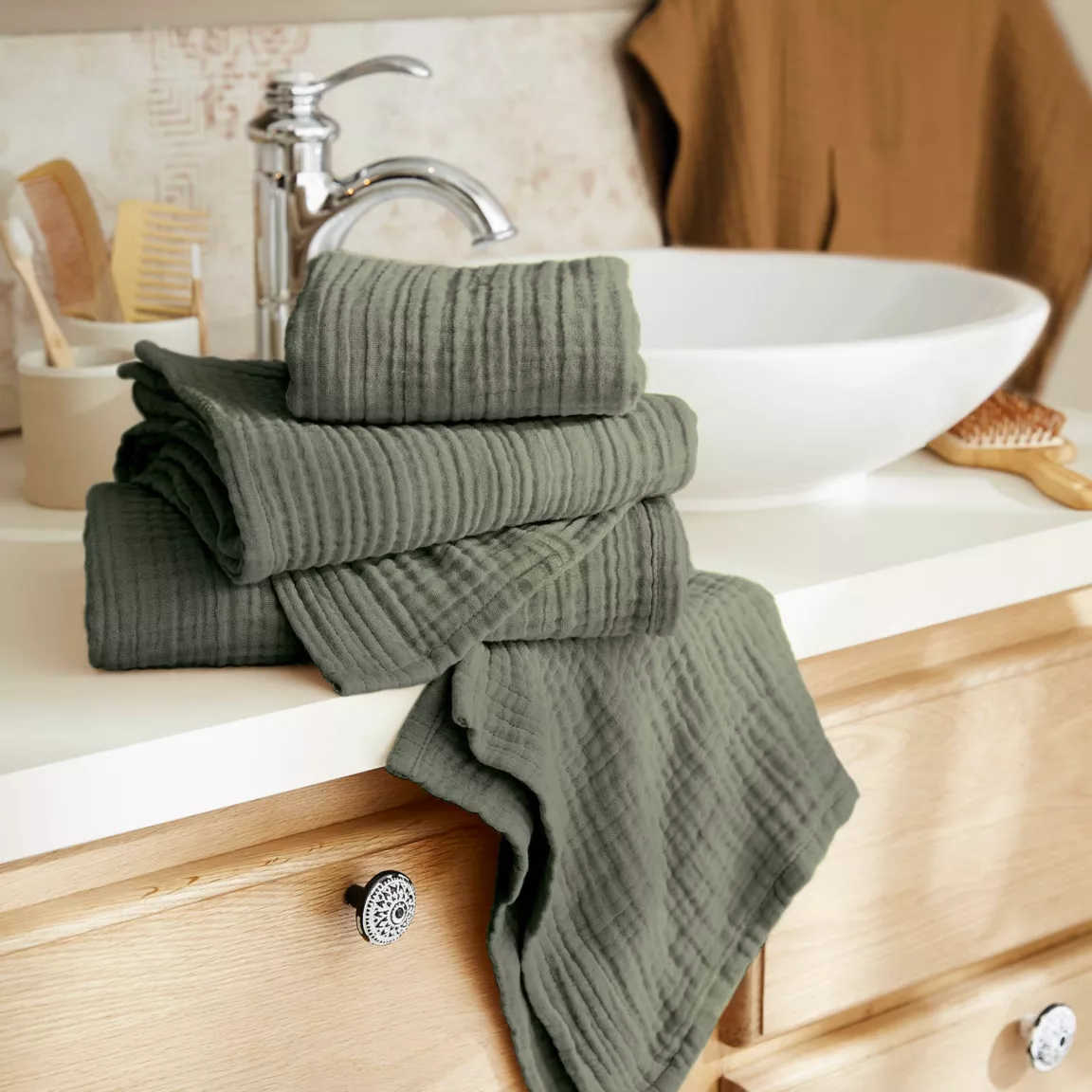 Serviette de bain gaze de coton (50 x 90 cm) Gaïa Vert romarin