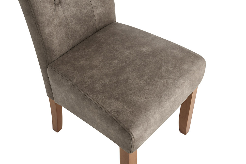 Design Stuhl CASA taupe Microfaser mit Zierknöpfen Massivholzbeine