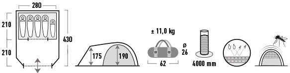 High Peak Santiago 5.0 Kuppelzelt mit Vorbau für 5 Personen 280 x 430 cm