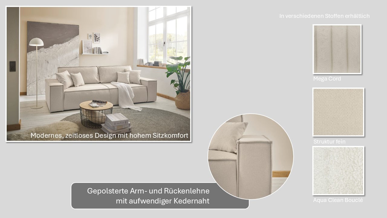GOODproduct 3-Sitzer »FINNLEY, Schlafsofa 257 cm, Couch mit Schlaffunktion & Bettkasten« verfügbar in den Stoffqualitäten Bouclé, Struktur fein und Mega Cord