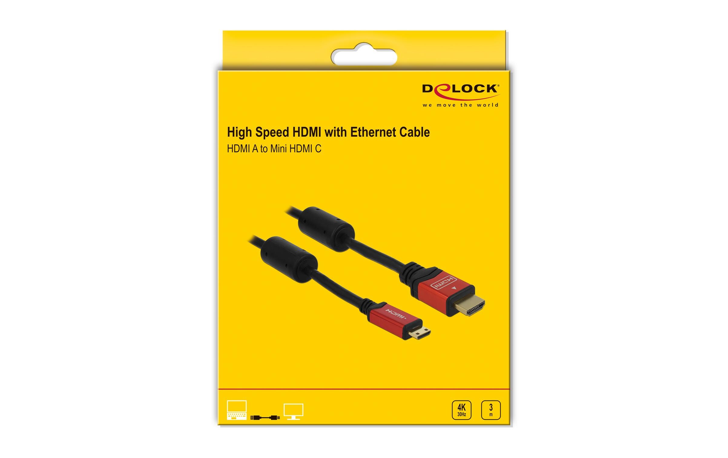 Kabel 4K 30Hz HDMI - Mini-HDMI (HDMI-C), 3 m, RotDelock Kabel High Speed HDMI mit Ethernet – HDMI A Stecker > HDMI Mini-C Stecker 4K 3 m