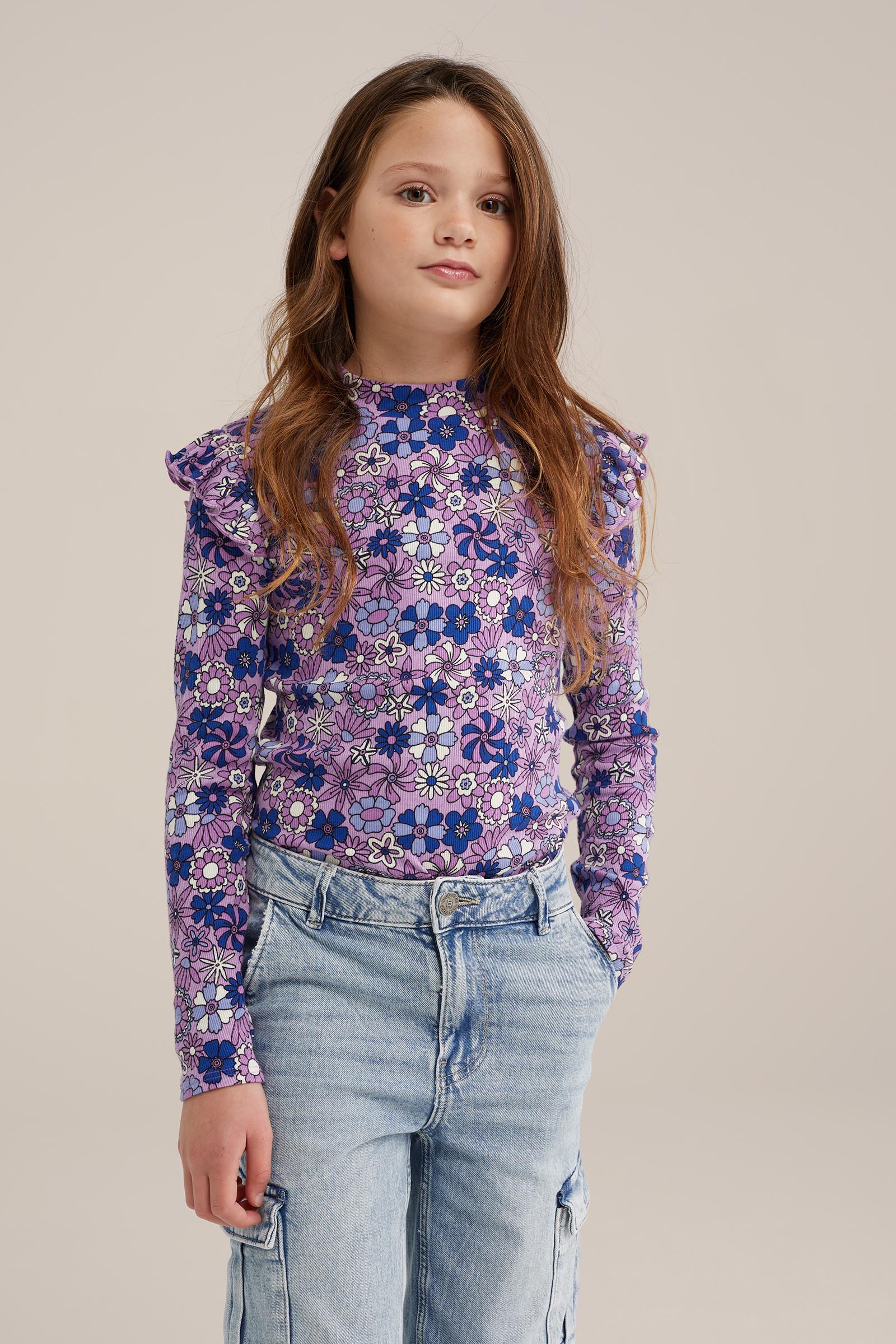 Meisjes geribd T-shirt met ruches WE Fashion Lichtpaars