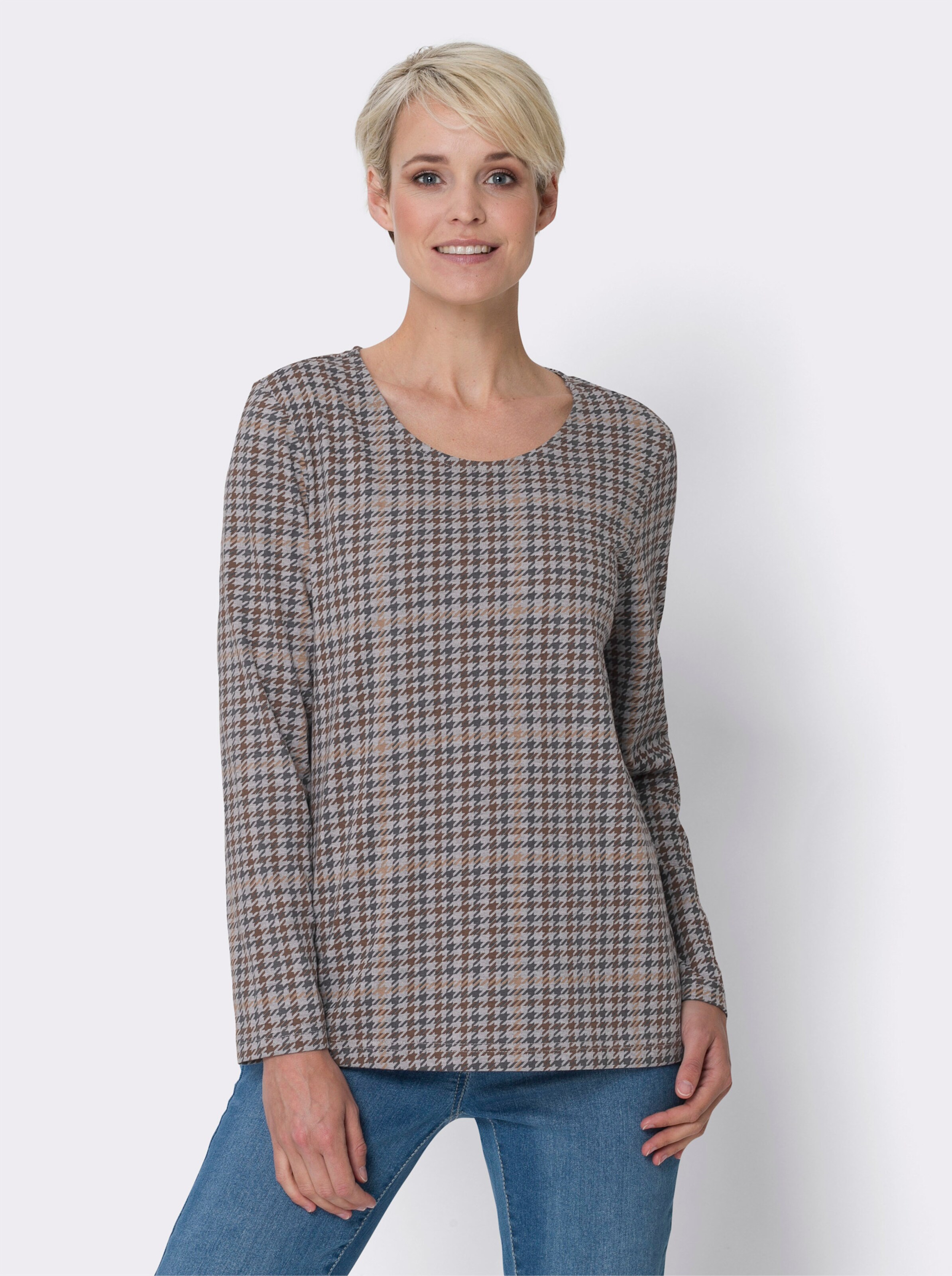 Langarmshirt mit Hahnentritt-Muster
