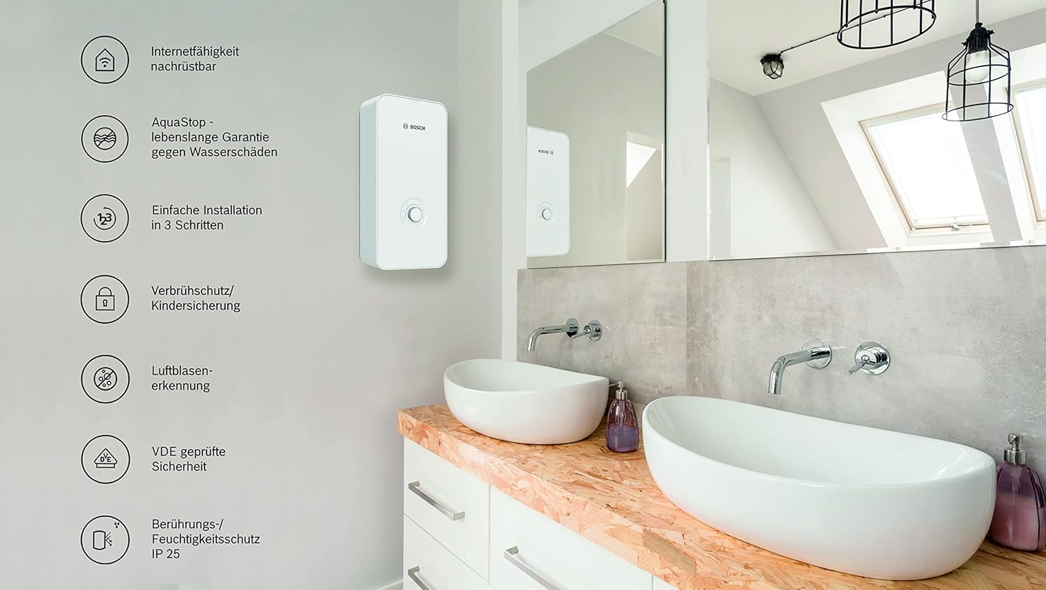 Bosch elektronisch geregelter Durchlauferhitzer Tronic Comfort Plus 15/18/21 kW - Umschaltbar, druckfest, stufenlose Temperaturwahl, moderne Glas-Optik, weiß [Energieklasse A]