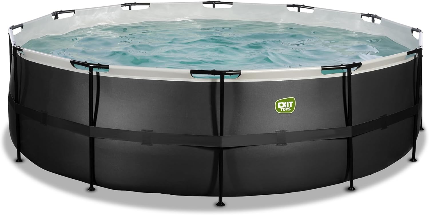EXIT Toys Black Leather Pool - ø488x122cm - Großer, Runder Rahmenpool mit Sandfilterpumpe - Extra tiefer Pool - Starker Rahmen - Inklusive Poolleiter - Einzigartiges Design - Schwarz